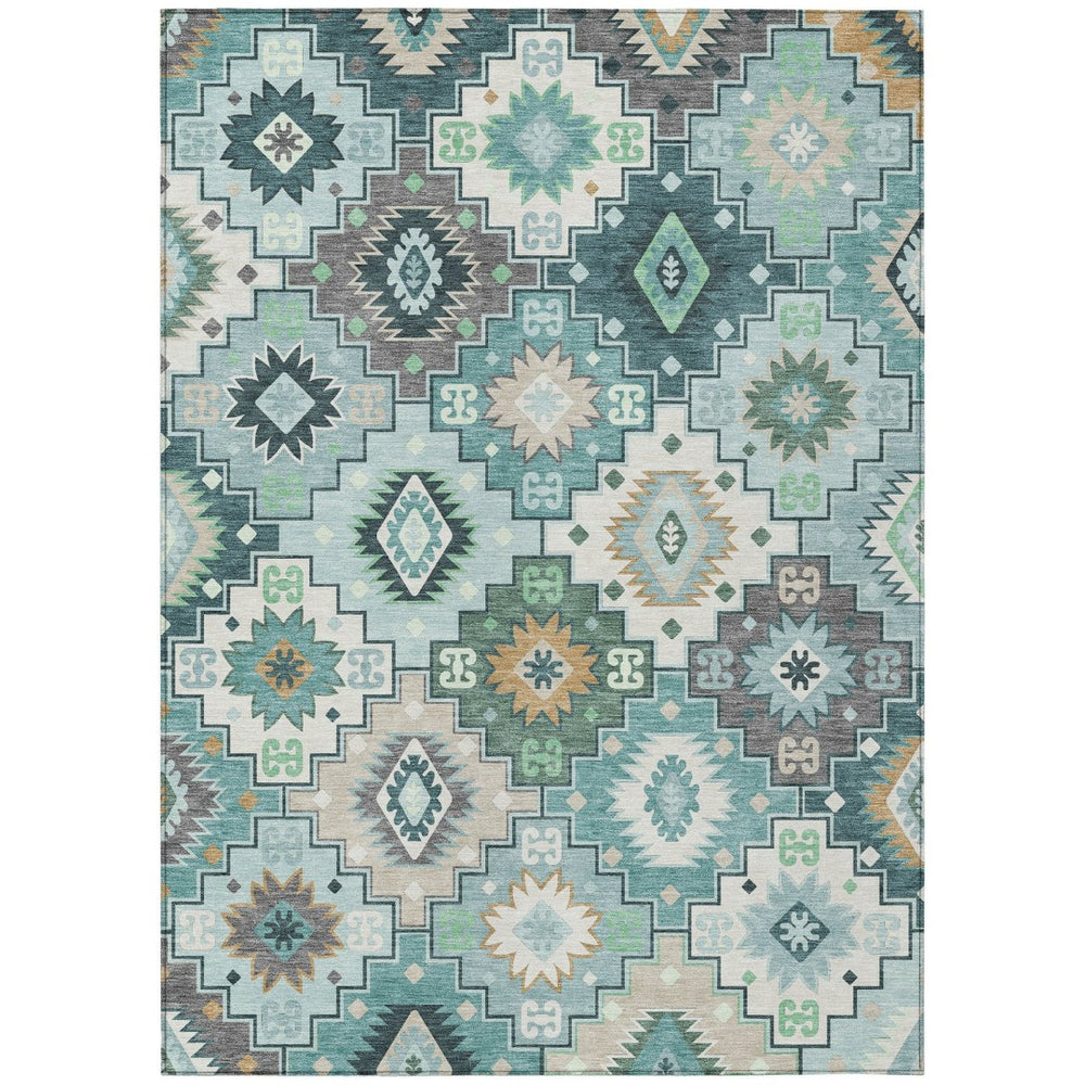 HomeRoots 5' Southwestern Area Rug in Teal Blue Beige Ivory - Durable, Washable, Perfect for Indoors & Outdoors 9' X 12' 632285