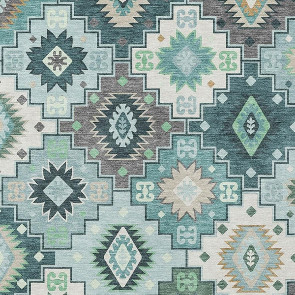 HomeRoots 5' Southwestern Area Rug in Teal Blue Beige Ivory - Durable, Washable, Perfect for Indoors & Outdoors 9' X 12' 632285