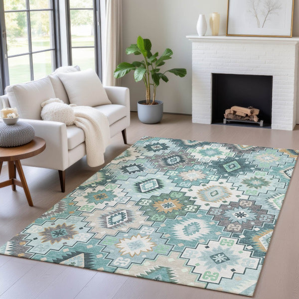 HomeRoots 5' Southwestern Area Rug in Teal Blue Beige Ivory - Durable, Washable, Perfect for Indoors & Outdoors 9' X 12' 632285