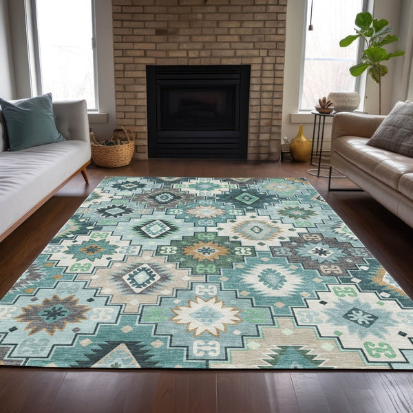 HomeRoots 5' Southwestern Area Rug in Teal Blue Beige Ivory - Durable, Washable, Perfect for Indoors & Outdoors 9' X 12' 632285