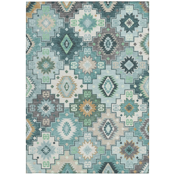 HomeRoots 5' Southwestern Area Rug in Teal Blue Beige Ivory - Durable, Washable, Perfect for Indoors & Outdoors 10' X 14' 632286