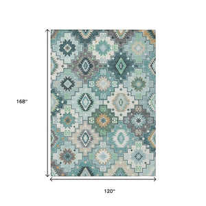 HomeRoots 5' Southwestern Area Rug in Teal Blue Beige Ivory - Durable, Washable, Perfect for Indoors & Outdoors 10' X 14' 632286
