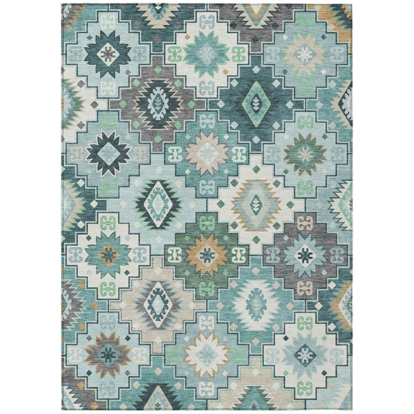 HomeRoots 5' Southwestern Area Rug in Teal Blue Beige Ivory - Durable, Washable, Perfect for Indoors & Outdoors 10' X 14' 632286