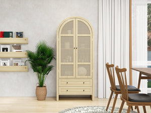 English Elm 70.28" Tall Arched Kitchen Pantry - Elegant Storage Cabinet With Adjustable Shelves & Rattan Door Design W688P204449
