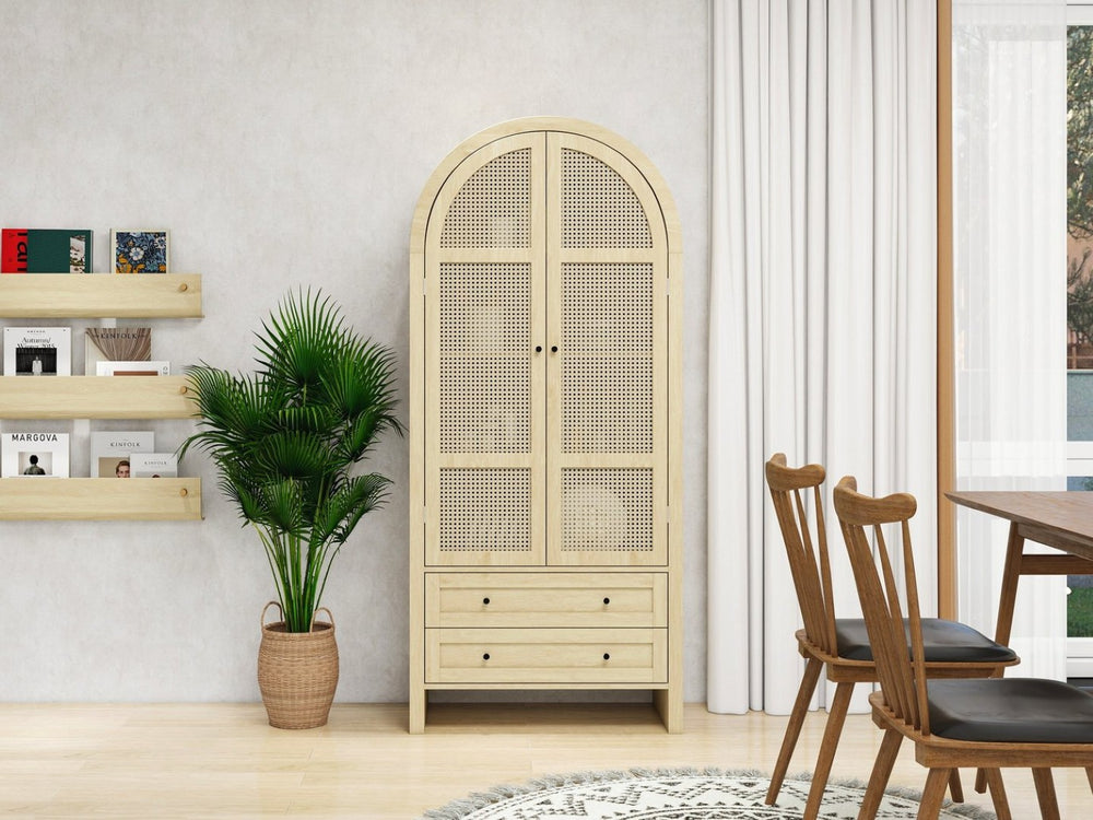 English Elm 70.28" Arched Rattan Pantry Cabinet with Drawers Adjustable Shelves Bohemian Storage W688P314432