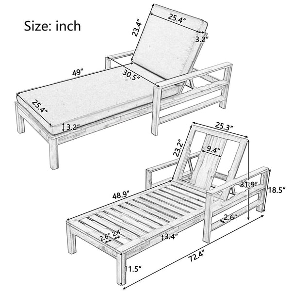 English Elm U_style Acacia Wood Outdoor Chaise Lounge Set of 2 Slatted Poolside Recliners WY000484AAA