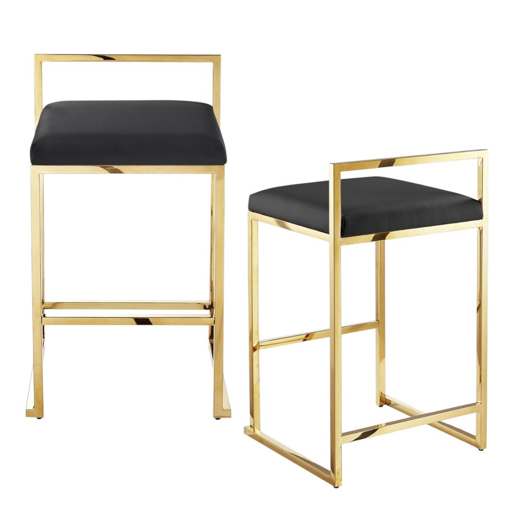HomeRoots Set of Two Stylish Black Faux Leather Bar Chairs with Elegant Gold Stainless Steel Base for Modern Spaces 632340