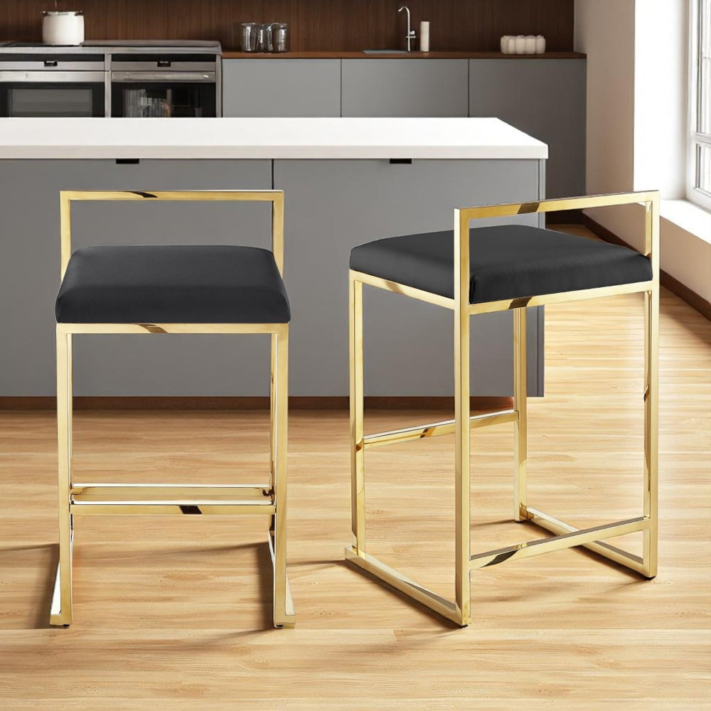 HomeRoots Set of Two Stylish Black Faux Leather Bar Chairs with Elegant Gold Stainless Steel Base for Modern Spaces 632340