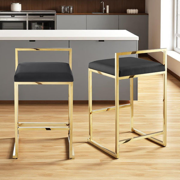 HomeRoots Set of Two Stylish Black Faux Leather Bar Chairs with Elegant Gold Stainless Steel Base for Modern Spaces 632340