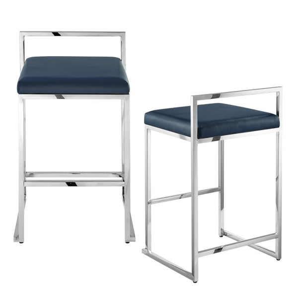 HomeRoots Set of Two Stylish Navy Blue & Silver Stainless Steel Bar Chairs for Modern Dining & Comfort 632341