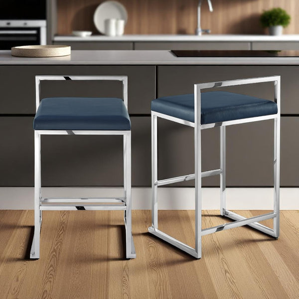 HomeRoots Set of Two Stylish Navy Blue & Silver Stainless Steel Bar Chairs for Modern Dining & Comfort 632341