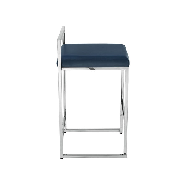 HomeRoots Set of Two Stylish Navy Blue & Silver Stainless Steel Bar Chairs for Modern Dining & Comfort 632341