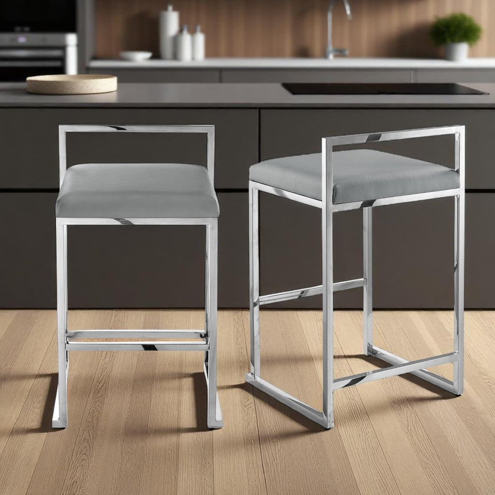 HomeRoots Set of Two Modern Gray Faux Leather Counter-Height Bar Chairs with Durable Stainless Steel Base 632342
