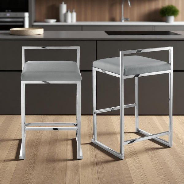 HomeRoots Set of Two Modern Gray Faux Leather Counter-Height Bar Chairs with Durable Stainless Steel Base 632342