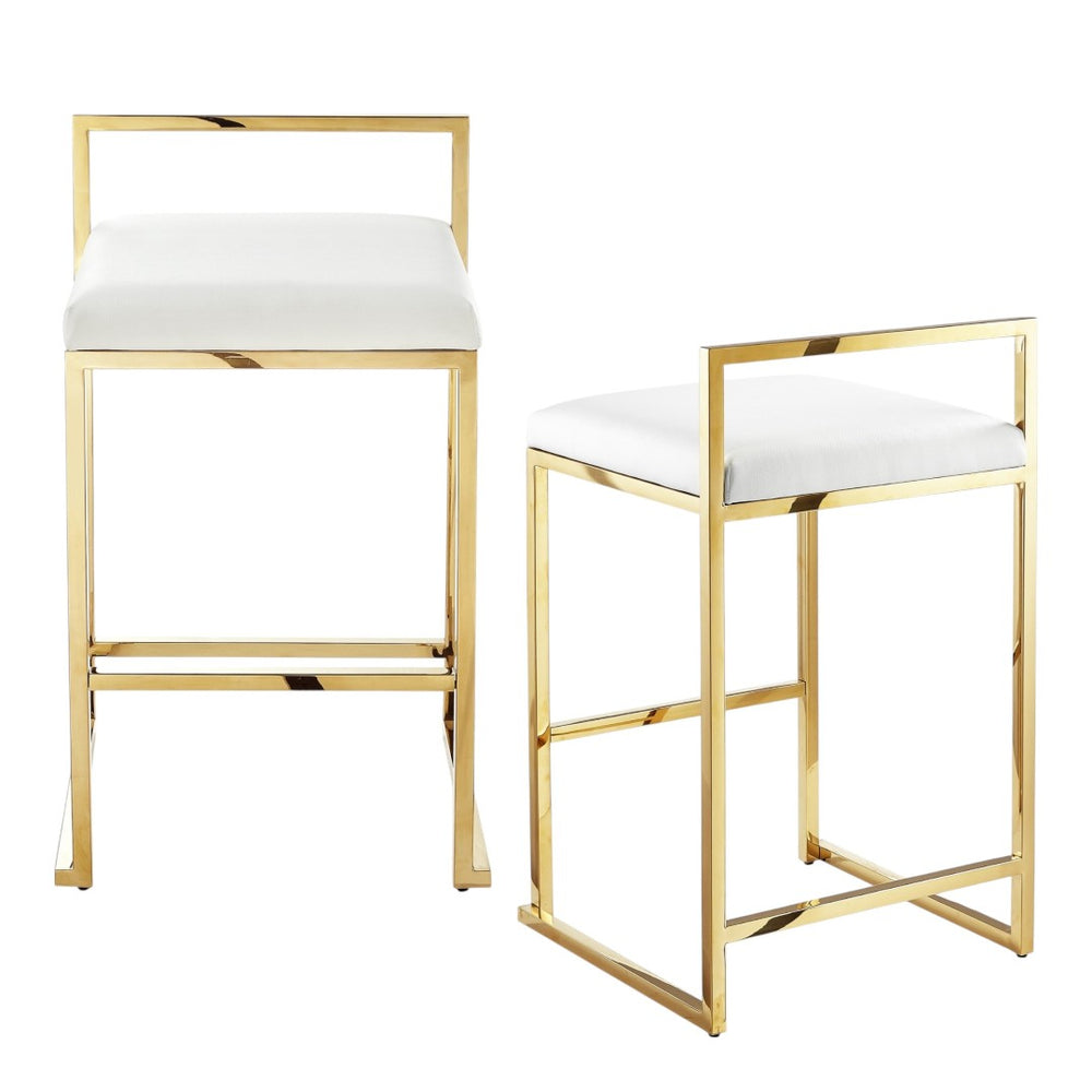 HomeRoots Set of Two Elegant White Faux Leather & Gold Stainless Steel Counter Height Bar Stools for Home 632343