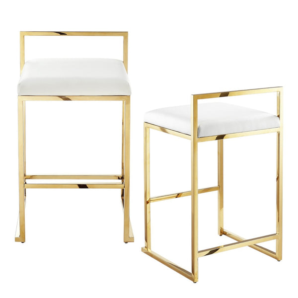 HomeRoots Set of Two Elegant White Faux Leather & Gold Stainless Steel Counter Height Bar Stools for Home 632343