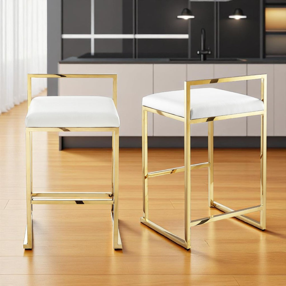 HomeRoots Set of Two Elegant White Faux Leather & Gold Stainless Steel Counter Height Bar Stools for Home 632343
