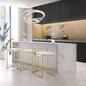 HomeRoots Set of Two Elegant White Faux Leather & Gold Stainless Steel Counter Height Bar Stools for Home 632343