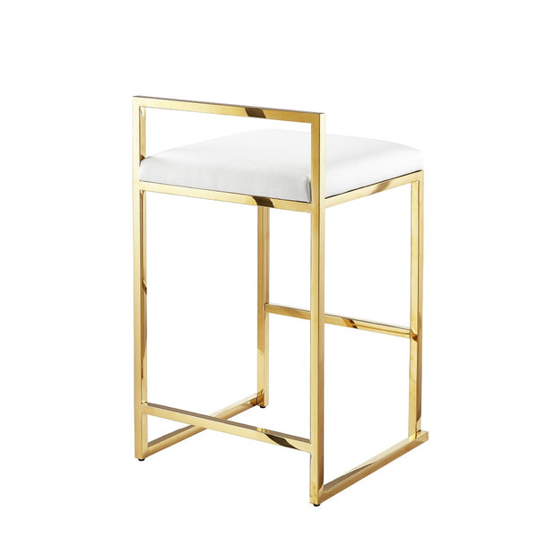 HomeRoots Set of Two Elegant White Faux Leather & Gold Stainless Steel Counter Height Bar Stools for Home 632343