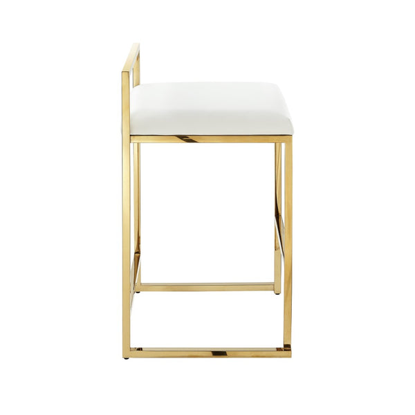 HomeRoots Set of Two Elegant White Faux Leather & Gold Stainless Steel Counter Height Bar Stools for Home 632343