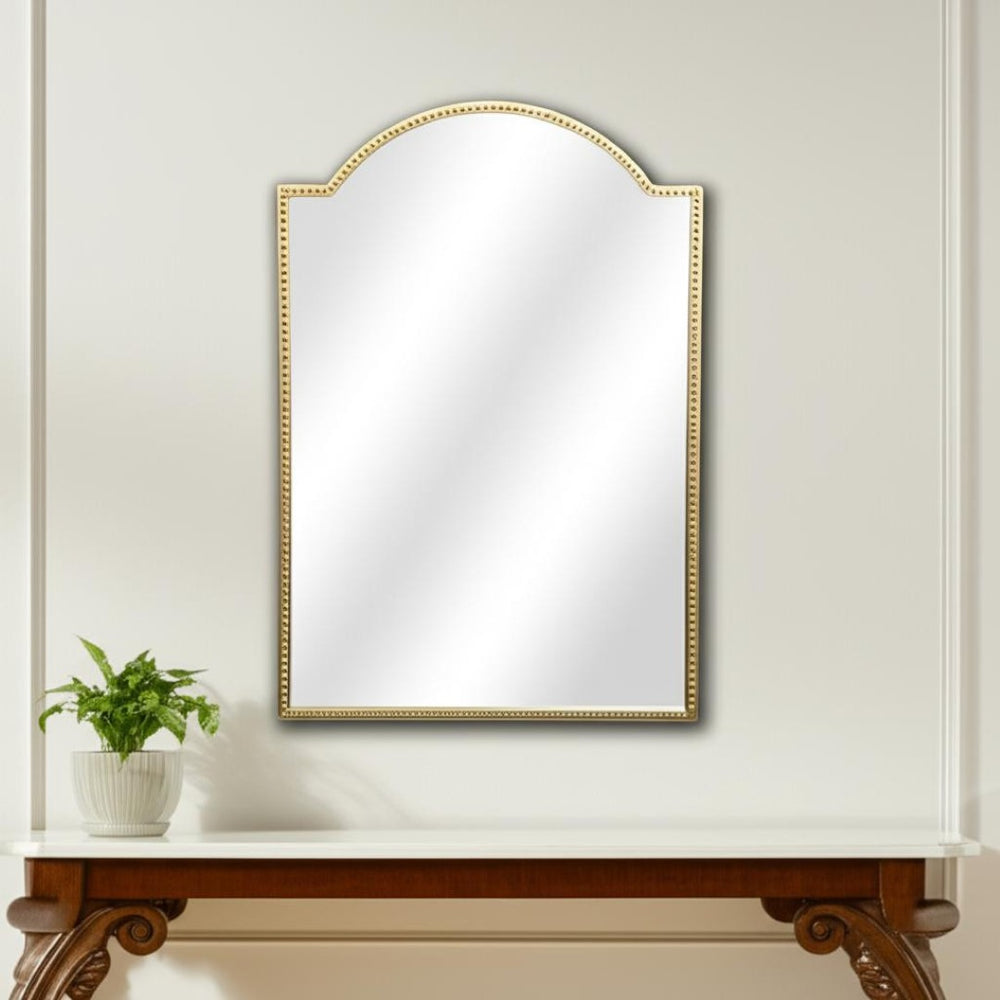 HomeRoots 32" Gold Metal Beaded Arch Accent Mirror - Elegant Curved Design for Timeless Wall Décor & Style 632350