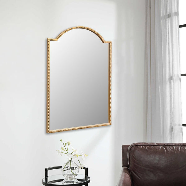 HomeRoots 32" Gold Metal Beaded Arch Accent Mirror - Elegant Curved Design for Timeless Wall Décor & Style 632350