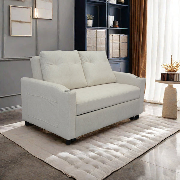 English Elm 1 Versatile Foldable Sofa Bed in Beige Velvet – 3-Length Convertible Pull-Out with USB, Storage, Swivel Phone Stand and Ashtray W1183S00014