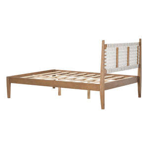 English Elm Christopher Knight Home® - Queen Upholstered Leather Headboard Bed Frame with Solid Wood Slats, Mid-Century Modern Support, No Box Spring Needed White+Natural N758D928283N