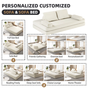 English Elm 86.6"Multifunctional Folding Sofa Bed with Chaise, Fluffy Chenille, Removable Backs & Pillows, Deep Seat Lounge Beige W3219P340665