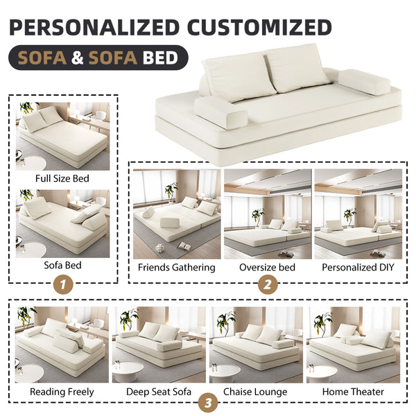 English Elm 86.6"Multifunctional Folding Sofa Bed with Chaise, Fluffy Chenille, Removable Backs & Pillows, Deep Seat Lounge Beige W3219P340665
