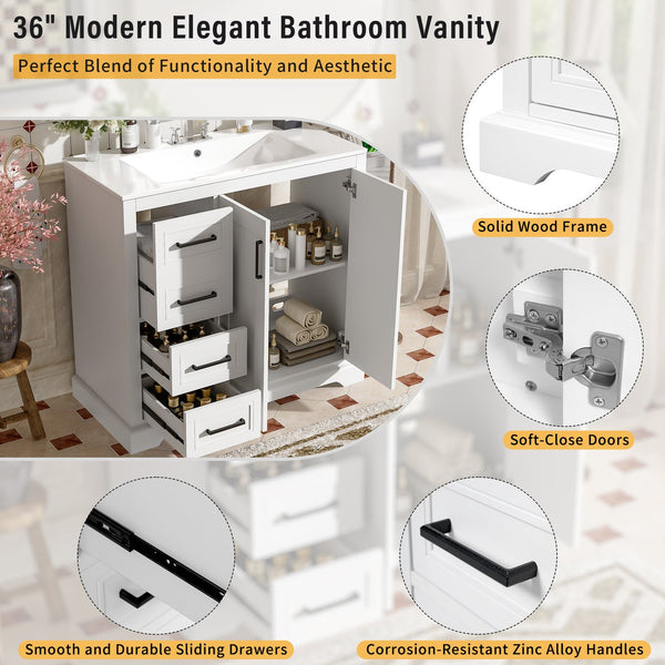 English Elm 36" Modern Bathroom Vanity with Ceramic Sink, Soft-Close Doors, 3 Drawers & Ample Storage for Small Baths White N729P280194K