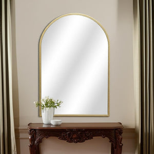 HomeRoots 34" Gold Metal Beaded Arch Accent Mirror – Elegant Design for Modern & Traditional Spaces, Ready to Hang 632512
