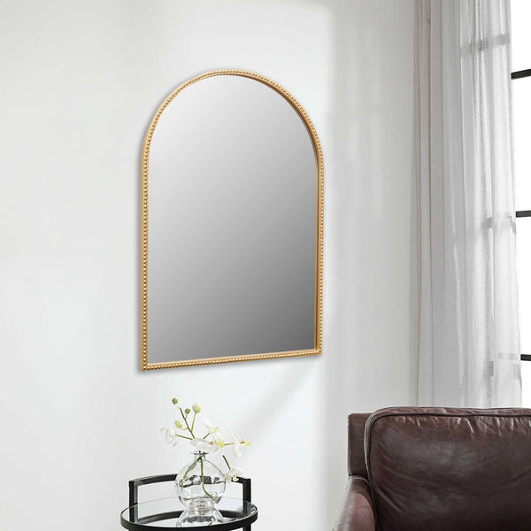 HomeRoots 34" Gold Metal Beaded Arch Accent Mirror – Elegant Design for Modern & Traditional Spaces, Ready to Hang 632512