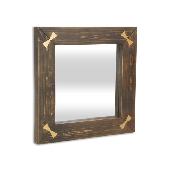 HomeRoots 22" Rustic Brown Wood Square Accent Mirror with Elegant Gold Bow Accents - Perfect for Any Room Decor! 632514