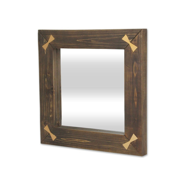 HomeRoots 22" Rustic Brown Wood Square Accent Mirror with Elegant Gold Bow Accents - Perfect for Any Room Decor! 632514