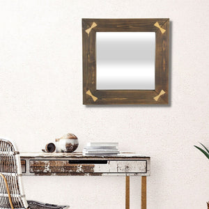 HomeRoots 22" Rustic Brown Wood Square Accent Mirror with Elegant Gold Bow Accents - Perfect for Any Room Decor! 632514