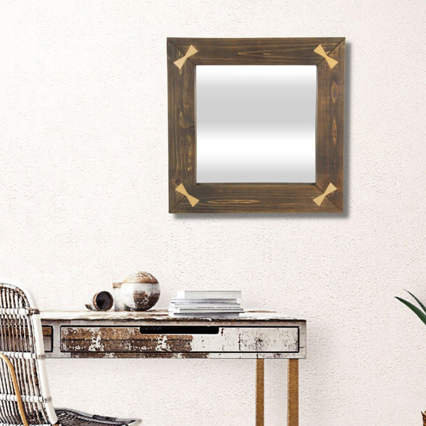 HomeRoots 22" Rustic Brown Wood Square Accent Mirror with Elegant Gold Bow Accents - Perfect for Any Room Decor! 632514