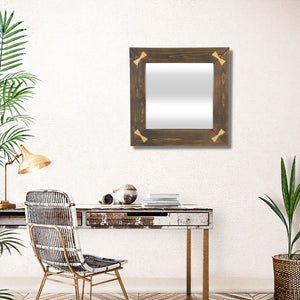HomeRoots 22" Rustic Brown Wood Square Accent Mirror with Elegant Gold Bow Accents - Perfect for Any Room Decor! 632514