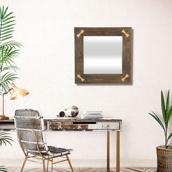 HomeRoots 22" Rustic Brown Wood Square Accent Mirror with Elegant Gold Bow Accents - Perfect for Any Room Decor! 632514