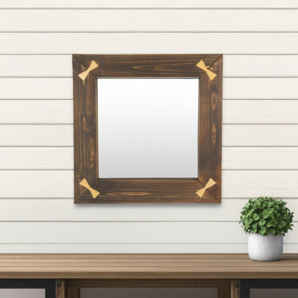 HomeRoots 22" Rustic Brown Wood Square Accent Mirror with Elegant Gold Bow Accents - Perfect for Any Room Decor! 632514