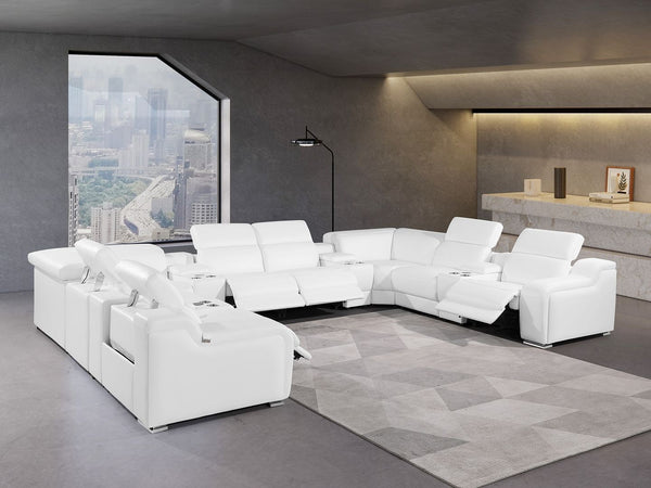 HomeRoots White Italian Leather Power Reclining U-Shaped Sectional Sofa with Console for Ultimate Comfort 632550