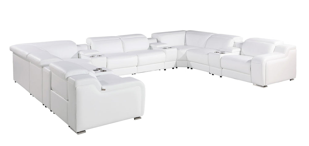 HomeRoots White Italian Leather Power Reclining U-Shaped Sectional Sofa with Console for Ultimate Comfort 632550