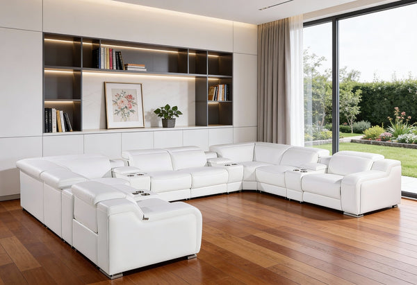HomeRoots White Italian Leather U-Shaped Power Reclining Sectional with Console for Luxurious Comfort & Style 632551