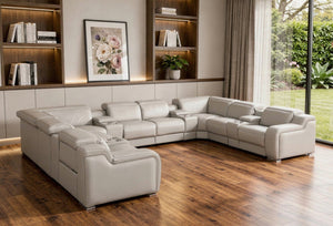 HomeRoots Light Gray Italian Leather U-Shaped Power Reclining Sectional with Console & USB Charging Ports 632552