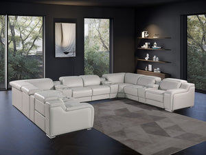HomeRoots Light Gray Italian Leather U-Shaped Power Reclining Sectional with Console & USB Charging Ports 632552