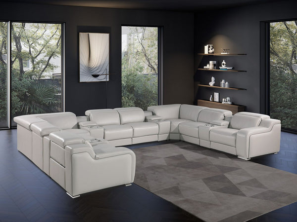 HomeRoots Light Gray Italian Leather U-Shaped Power Reclining Sectional with Console & USB Charging Ports 632552