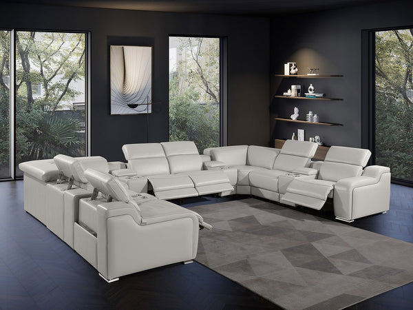 HomeRoots Light Gray Italian Leather U-Shaped Power Reclining Sectional with Console & USB Charging Ports 632552