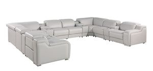 HomeRoots Light Gray Italian Leather U-Shaped Power Reclining Sectional with Console & USB Charging Ports 632552