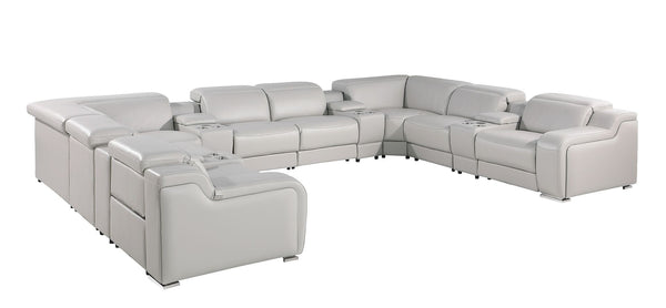 HomeRoots Light Gray Italian Leather U-Shaped Power Reclining Sectional with Console & USB Charging Ports 632552