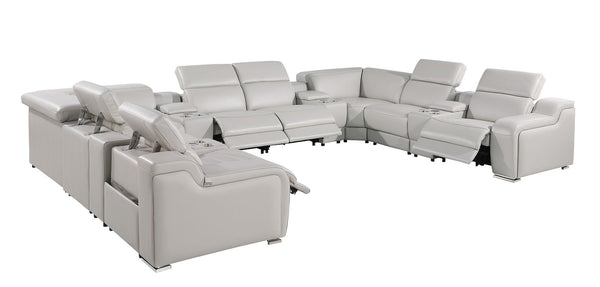 HomeRoots Light Gray Italian Leather U-Shaped Power Reclining Sectional with Console & USB Charging Ports 632552